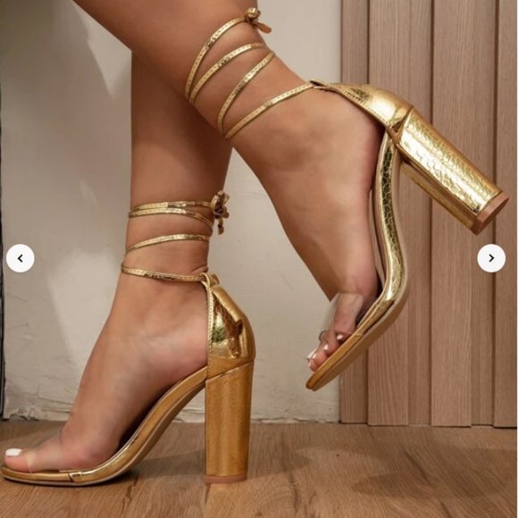 NEW. Size 37 (6.5) Metallic Gold / Clear Strap Tie Block Heel Sandals - Picture 1 of 4